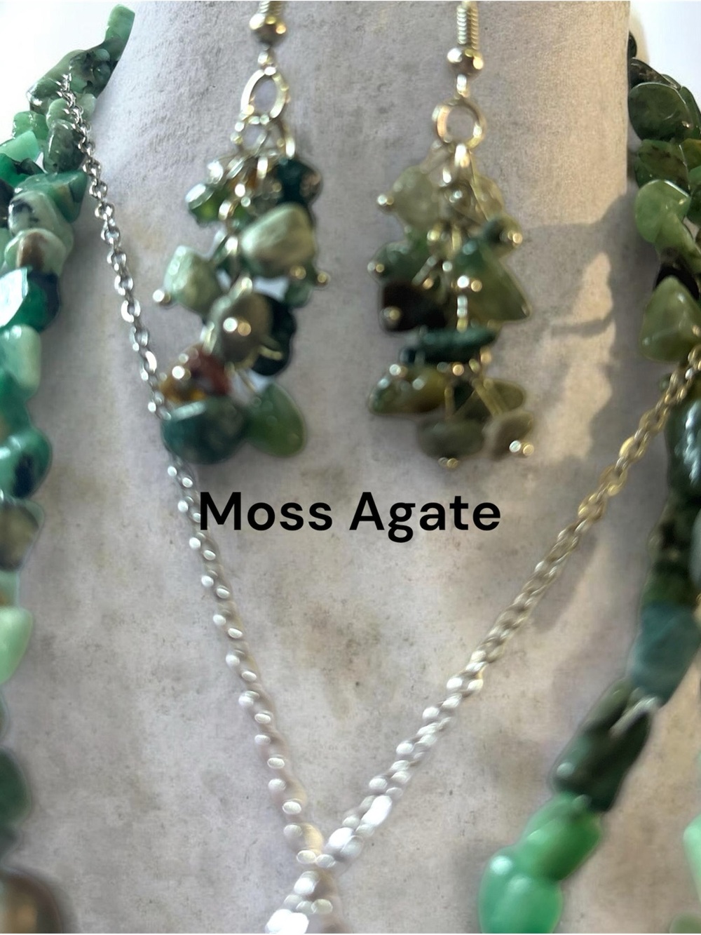 Moss Agate Green Bead Necklace and Earrings Set